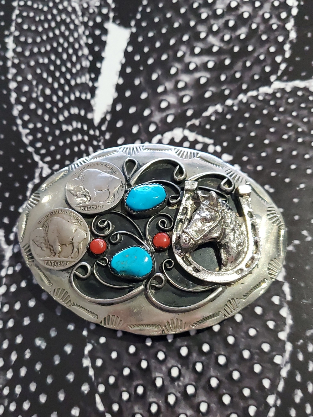 Vintage Silver Belt Buckle  Turquoise Red Accents Western Navajo Buffalo Coins